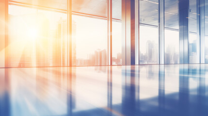 Blurred light modern office interior with panoramic windows and beautiful lighting
