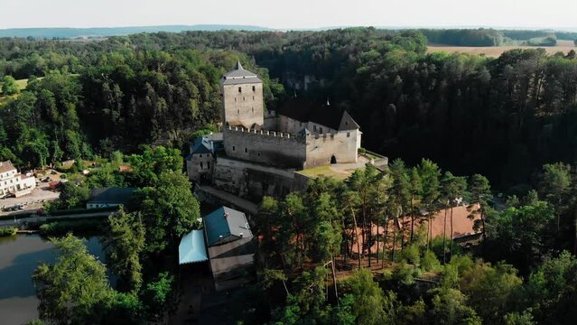 Drone view of Kost Fortress. The medieval castle of the Czech Republic, located in the Czech Paradise Reserve near the border with the Central Bohemian Region.