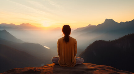 Young woman meditating at dawn on a mountain with panoramic views to improve her anxiety and stress levels and improve her concentration - obrazy, fototapety, plakaty