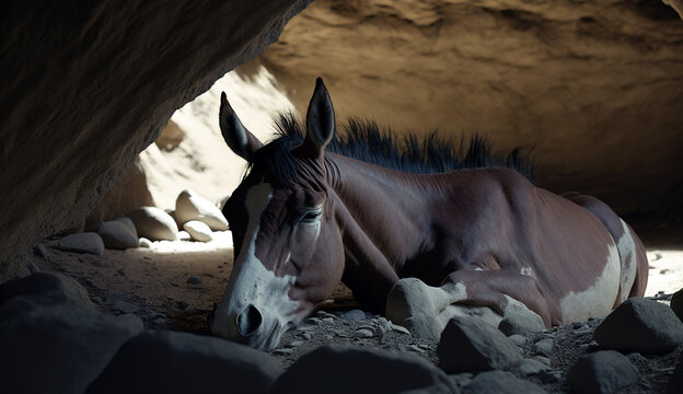 Cave Lying down Mule animal AI Generated illustration photo