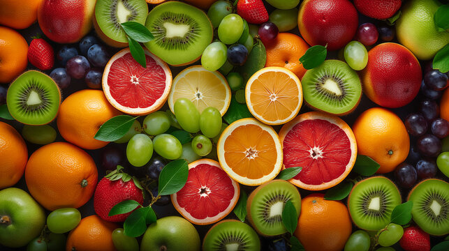 fruit background of assorted fruits, for fruit sellers, healthcare concept, top view