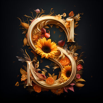 Letter S, Pumpkins and flowers style