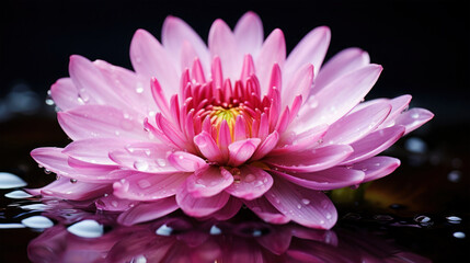 Pink flower, plant with water drops, macro image, smooth natural character on black background
