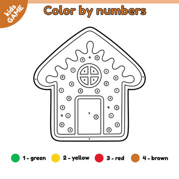 Page of the kids coloring book by numbers with Christmas gingerbread house. Color cartoon holiday New Year cookies. Educational activity for children. Vector outline illustration of the Xmas biscuit.