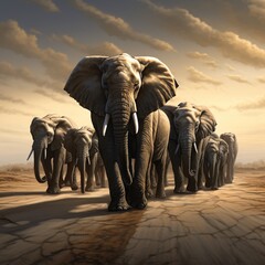 Fototapeta na wymiar A group of elephants walking in a line wide light Ai generated art