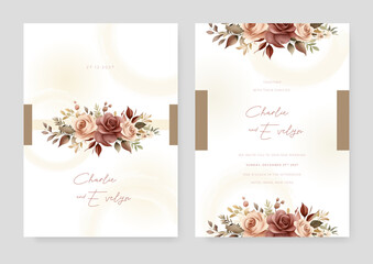 Obraz na płótnie Canvas Beige and brown rustic rose wedding invitation card template with flower and floral watercolor texture vector