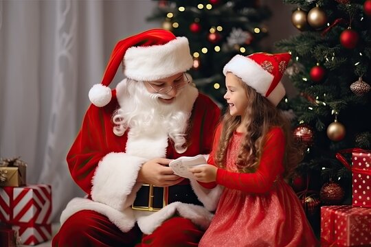 Image of Santa Claus and children doing activities together on Christmas Day.