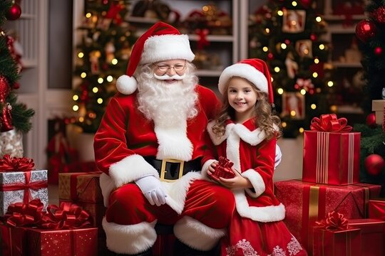 Image of Santa Claus and children doing activities together on Christmas Day.