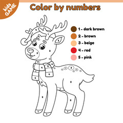 Page of the kids coloring book by numbers with Christmas deer. Color contour cartoon Xmas reindeer in red hat of Santa. Educational activity for children. Vector outline holiday New Year illustration.