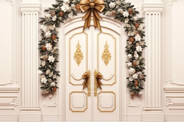 Fototapeta na wymiar Elegant and luxurious Christmas door decoration isolated on white background with copy space