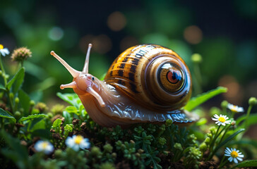 A close-up of a snail in the forest.