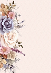 Beige pink and blue vector frame with foliage pattern background with flora and flower