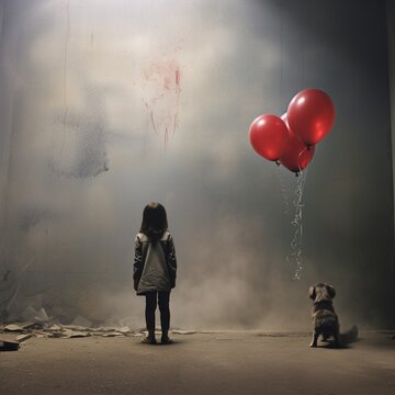 A little girl stands in a big void with fog beautiful image Ai generated art