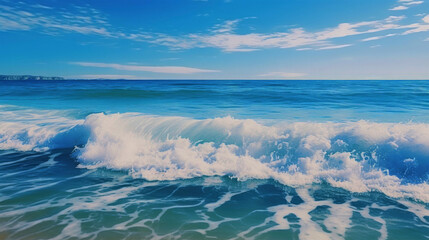 Obraz premium Waves of ocean water or sea in summer, bright blue and turquoise colors in early morning sun light cloudy sky, background 