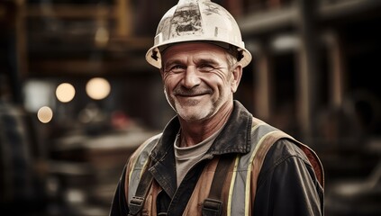 Uśmiechnięty i zadowolony z pracy pracownik budowlany w kasku ochronnym na budowie.  - obrazy, fototapety, plakaty