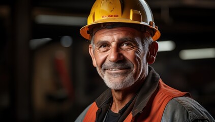 Uśmiechnięty i zadowolony z pracy pracownik budowlany w kasku ochronnym na budowie.  - obrazy, fototapety, plakaty