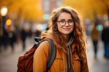 Uśmiechnięta studentka w okularach i z plecakiem, spacerująca po ulicach miasta.  - obrazy, fototapety, plakaty