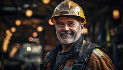 Uśmiechnięty i zadowolony z pracy pracownik budowlany w kasku ochronnym na budowie. 
