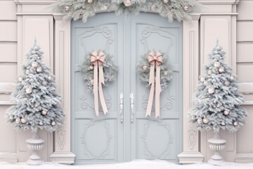Elegant and luxurious Christmas door decoration isolated on white background with copy space. Christmas tree and decoration