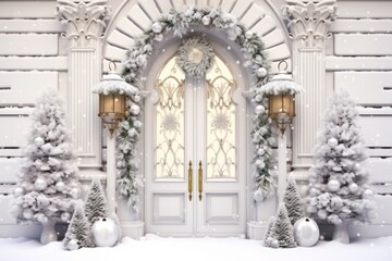 Elegant and luxurious Christmas door decoration isolated on white background with copy space. Christmas tree and decoration