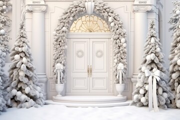 Elegant and luxurious Christmas door decoration isolated on white background with copy space. Christmas tree and decoration