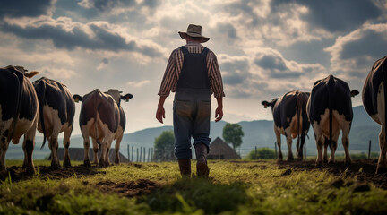 a farmer man in a field, cows background - obrazy, fototapety, plakaty