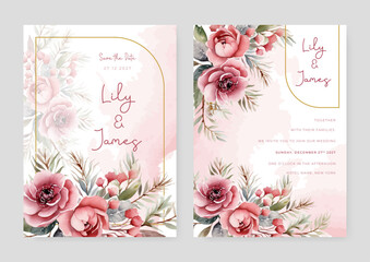 Pink and red peony wedding invitation card template with flower and floral watercolor texture vector