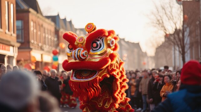 Chinese dragon dance through the streets celebrating Chinese New Year
