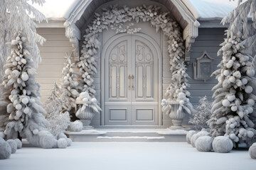 House porch decorated on Christmas with white design, front door in winter holiday. Home entrance with festive trees, garland and snow. Concept of background, xmas, New Year, decor