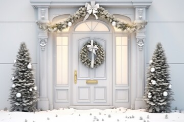 Elegant and luxurious Christmas door decoration isolated on white background with copy space. Christmas tree and decoration