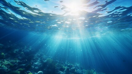 Fototapeta na wymiar Beautiful blue ocean background with sunlight and undersea scene photography