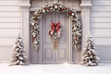 Fototapeta na wymiar Elegant and luxurious Christmas door decoration isolated on white background with copy space. Christmas tree and decoration