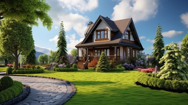 beautiful house with green lawn with nice grass. house in the field with a blue sky. house exterior with brick and siding trim. wallpaper photography