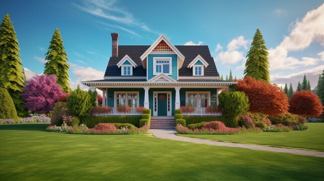 beautiful house with green lawn with nice grass. house in the field with a blue sky. house exterior with brick and siding trim. wallpaper photography