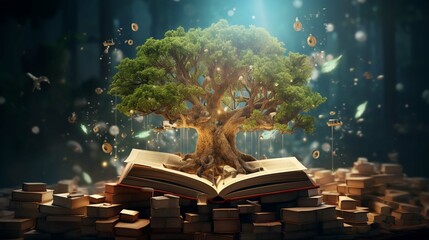 education concept with tree of knowledge planting on opening old big book in library with textbook,...
