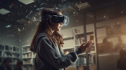 Girl wearing augmented reality headset in classroom. Futuristic school teaching. Virtual reality device using in education process. Created with Generative ... photography 