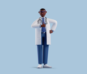 3d render, full body african cartoon character. Doctor with dark skin, wears glasses, shows thumb up, like gesture. Medical health care clip art isolated on blue background. Approval concept