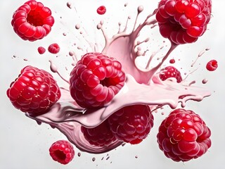 Realistic raspberries and cream dynamic falling tempera splatter