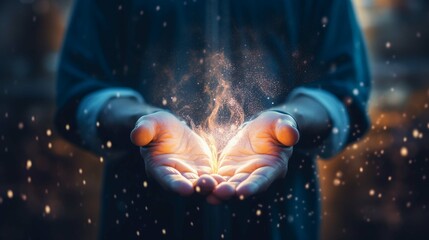 Praying hands with faith in religion and belief in God on blessing background. Power of hope or love and devotion. Magic powder floating on the magician hand. photography ::10 , 8k, 8k render