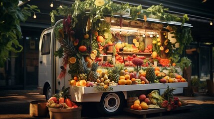 Sustainable Transport for Conscious Eating Vegan Fruit Truck photography ::10 , 8k, 8k render  - obrazy, fototapety, plakaty