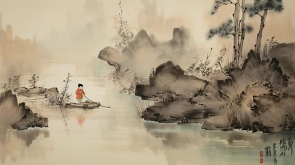 Gordijnen Chinese depicting ancient landscape paintings wallpaper image AI generated art © Biplob