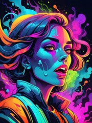 bold neon colors, cartoon style illustration of a woman splash art, splashed neon colors