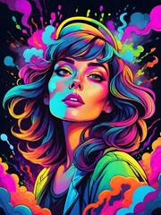 bold neon colors, cartoon style illustration of a woman splash art, splashed neon colors
