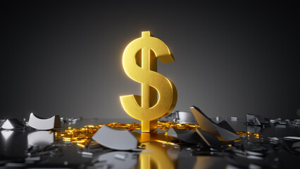 3d render, abstract financial background, gold dollar symbol in the dark - obrazy, fototapety, plakaty