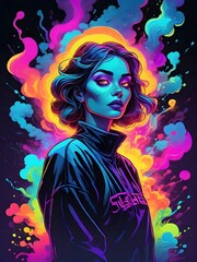 bold neon colors, cartoon style illustration of a woman splash art, splashed neon colors