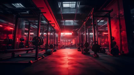 Foto op Plexiglas Fitness Wide angle photography of an empty modern gym interior full of weights, bars and racks. Strong artificial red lighting illuminating the room, nighttime shadows