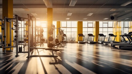 Morning sunshine coming through the clean and transparent gym windows creating shadows in an empty modern indoor fitness room interior full of treadmills, racks and machines - obrazy, fototapety, plakaty