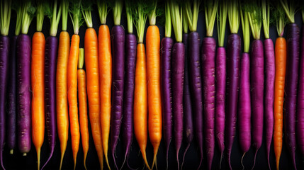 Fresh, orange and purple textured carrots vegetables food macro as background 