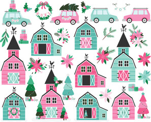 Christmas Farmhouse, Farm decor, pink and blue