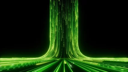 Foto op Plexiglas 3d render, abstract wallpaper. Green neon lines over black background. Streaming energy. Particles moving and leaving glowing tracks © NeoLeo